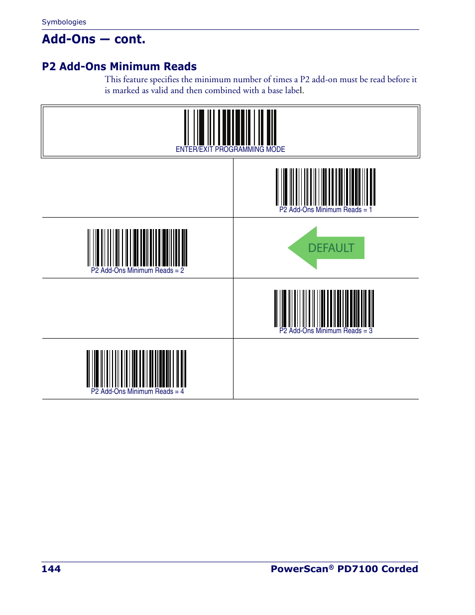 P2 add-ons minimum reads, Default, Add-ons — cont | Rice Lake Datalogic PowerScan PD7100 Series Laser Scanner User Manual | Page 152 / 324