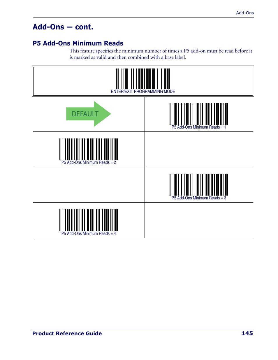 P5 add-ons minimum reads, Default, Add-ons — cont | Rice Lake Datalogic PowerScan PD7100 Series Laser Scanner User Manual | Page 153 / 324