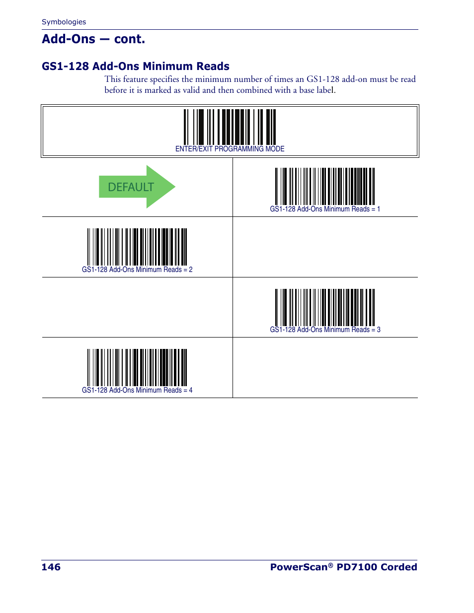 Gs1-128 add-ons minimum reads, Default, Add-ons — cont | Rice Lake Datalogic PowerScan PD7100 Series Laser Scanner User Manual | Page 154 / 324