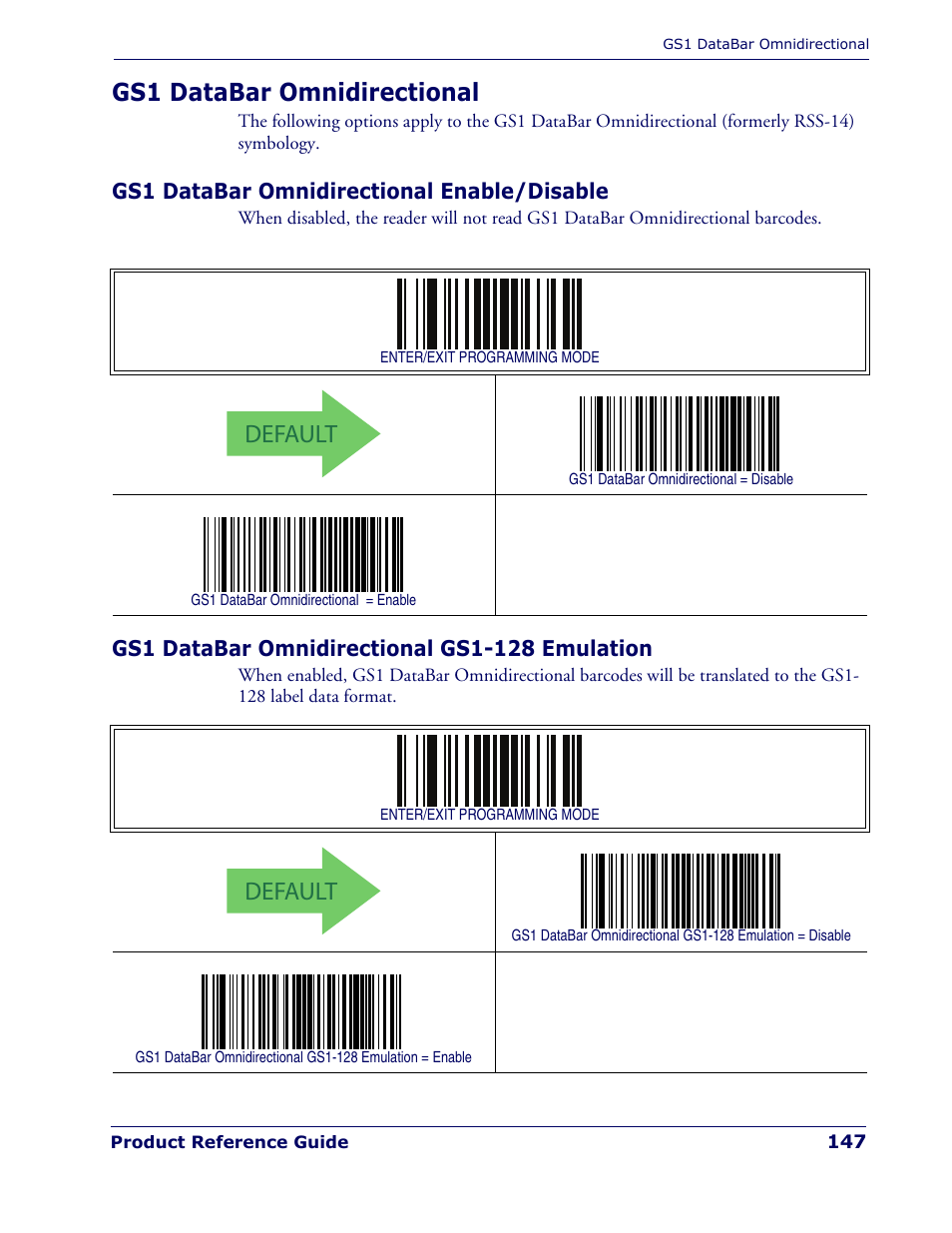 Gs1 databar omnidirectional, Gs1 databar omnidirectional enable/disable, Gs1 databar omnidirectional gs1-128 emulation | Default | Rice Lake Datalogic PowerScan PD7100 Series Laser Scanner User Manual | Page 155 / 324