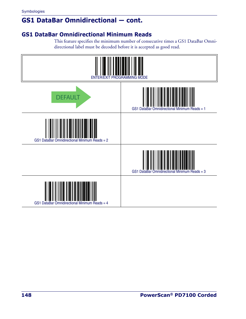 Gs1 databar omnidirectional minimum reads, Default, Gs1 databar omnidirectional — cont | Rice Lake Datalogic PowerScan PD7100 Series Laser Scanner User Manual | Page 156 / 324