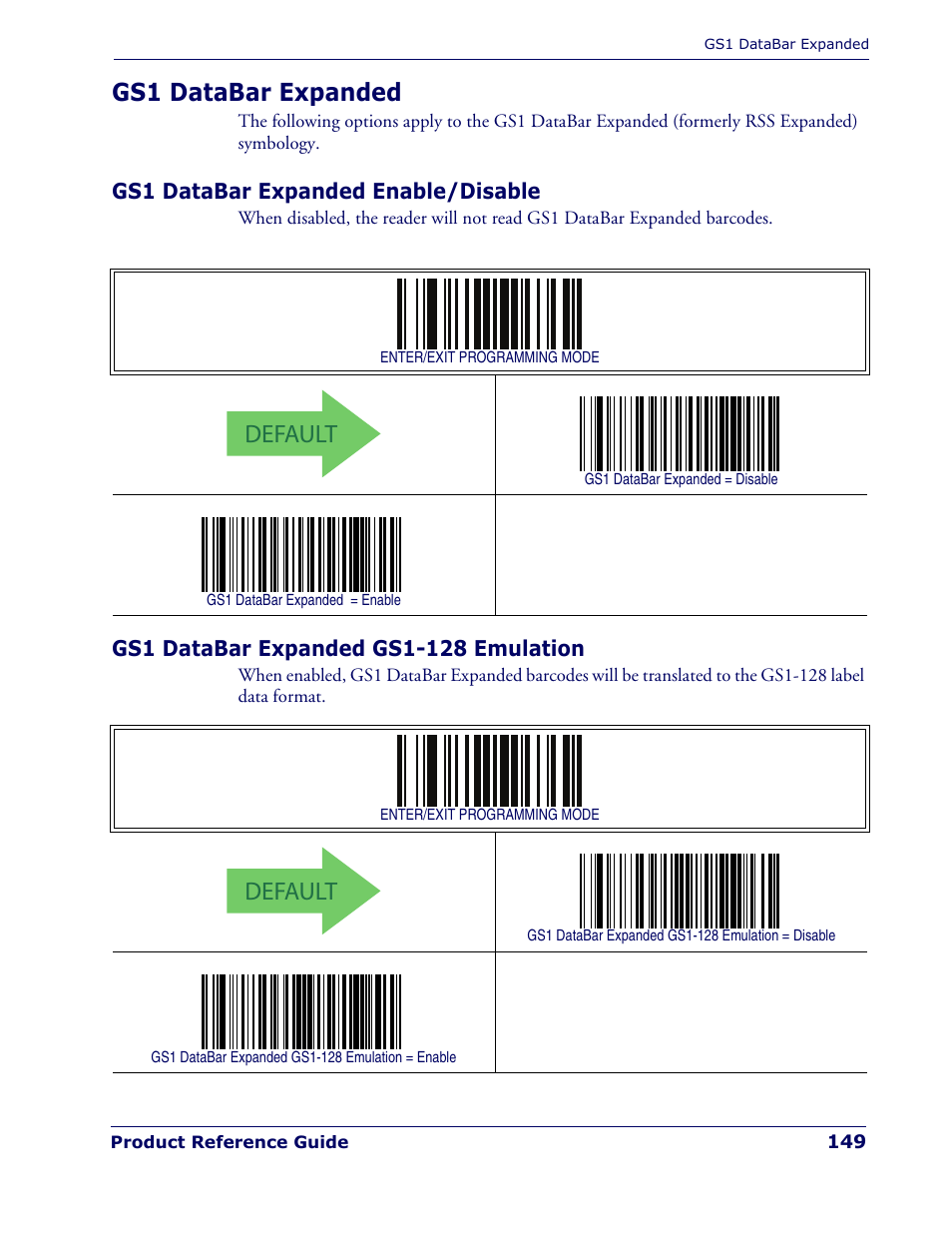 Gs1 databar expanded, Gs1 databar expanded enable/disable, Gs1 databar expanded gs1-128 emulation | Default | Rice Lake Datalogic PowerScan PD7100 Series Laser Scanner User Manual | Page 157 / 324