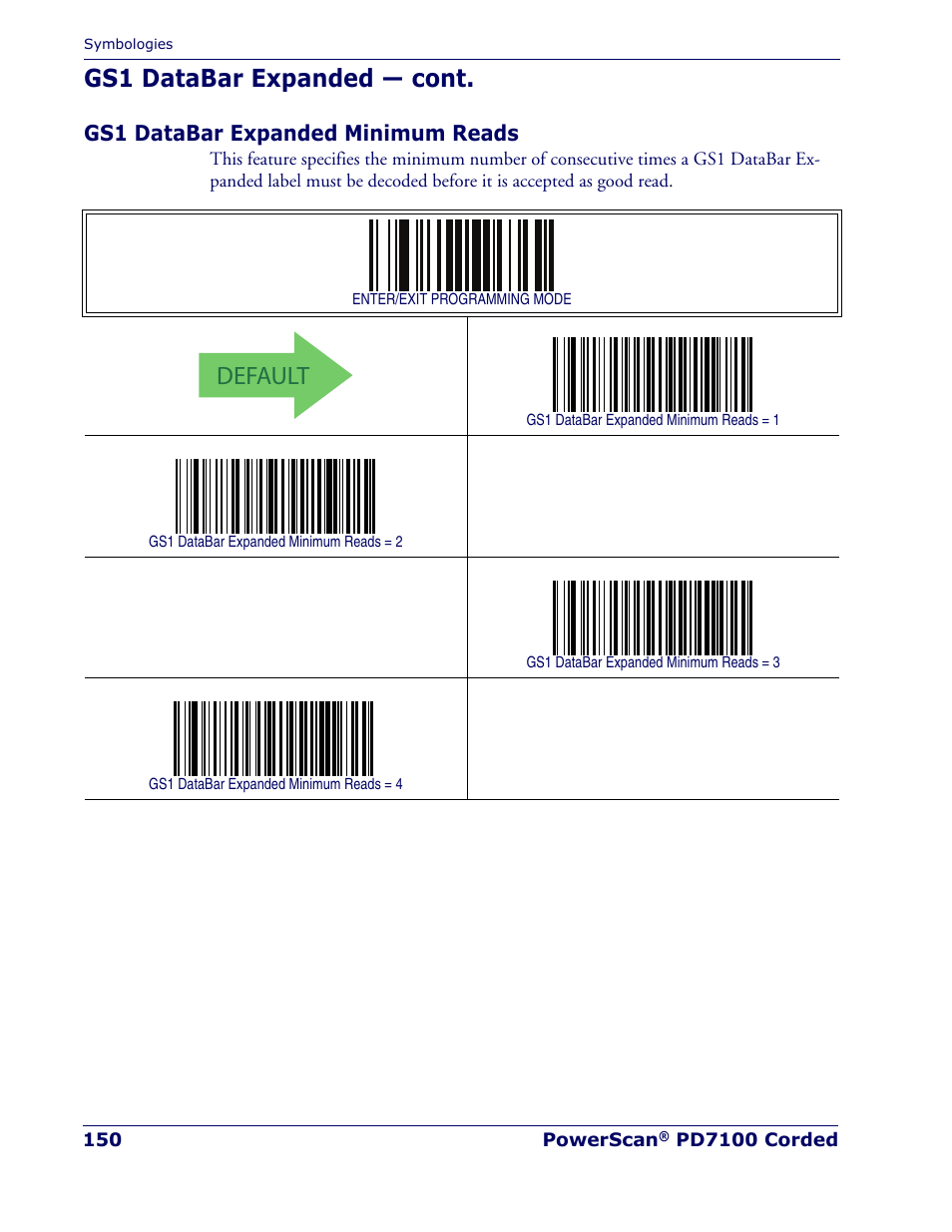 Gs1 databar expanded minimum reads, Default, Gs1 databar expanded — cont | Rice Lake Datalogic PowerScan PD7100 Series Laser Scanner User Manual | Page 158 / 324