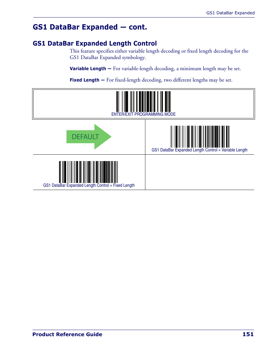 Gs1 databar expanded length control, Default, Gs1 databar expanded — cont | Rice Lake Datalogic PowerScan PD7100 Series Laser Scanner User Manual | Page 159 / 324