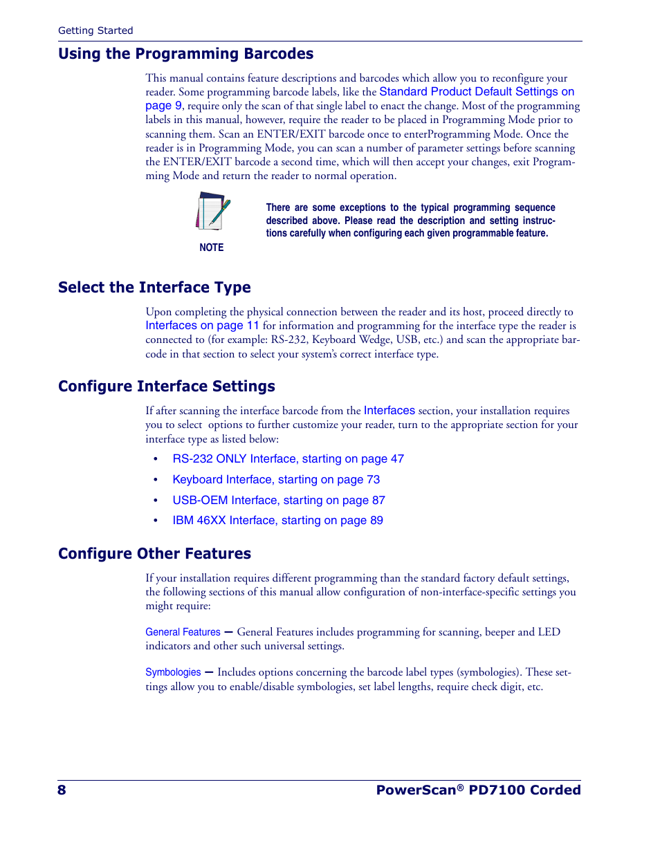 Using the programming barcodes, Select the interface type, Configure interface settings | Configure other features | Rice Lake Datalogic PowerScan PD7100 Series Laser Scanner User Manual | Page 16 / 324