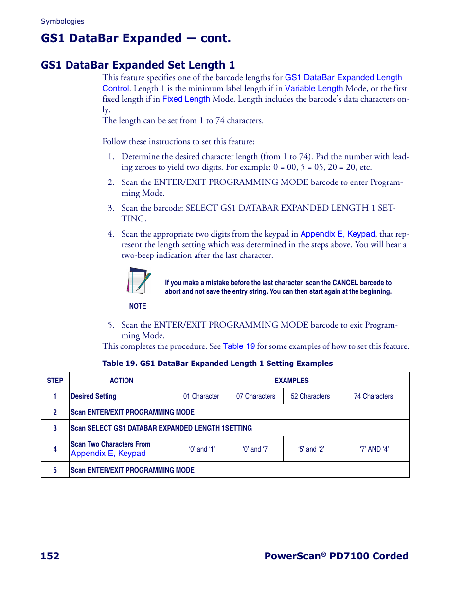 Gs1 databar expanded set length 1, Gs1 databar expanded — cont | Rice Lake Datalogic PowerScan PD7100 Series Laser Scanner User Manual | Page 160 / 324