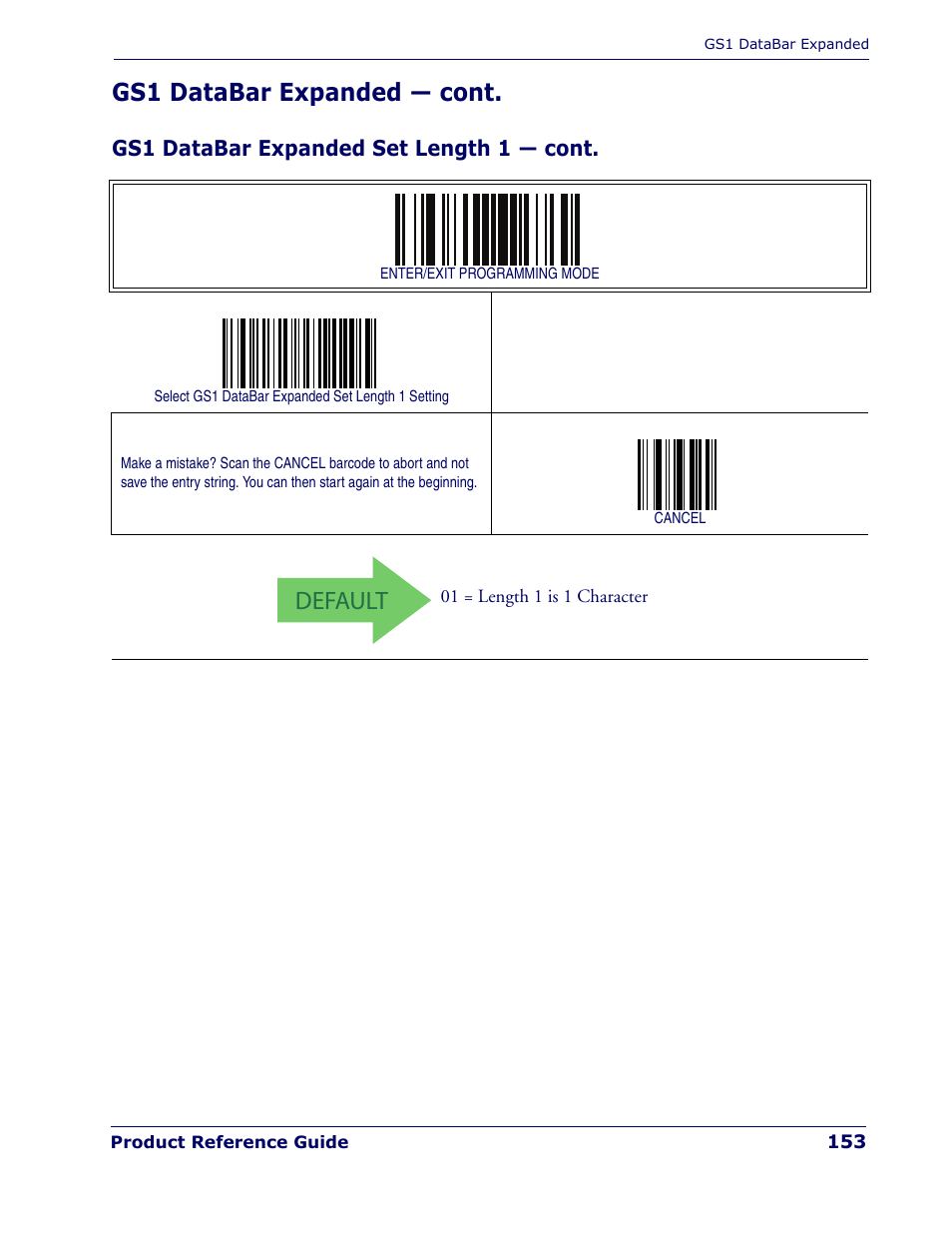 Default, Gs1 databar expanded — cont | Rice Lake Datalogic PowerScan PD7100 Series Laser Scanner User Manual | Page 161 / 324