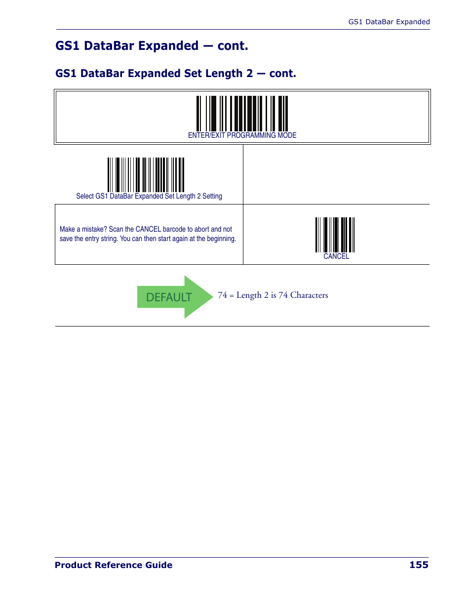 Default, Gs1 databar expanded — cont | Rice Lake Datalogic PowerScan PD7100 Series Laser Scanner User Manual | Page 163 / 324