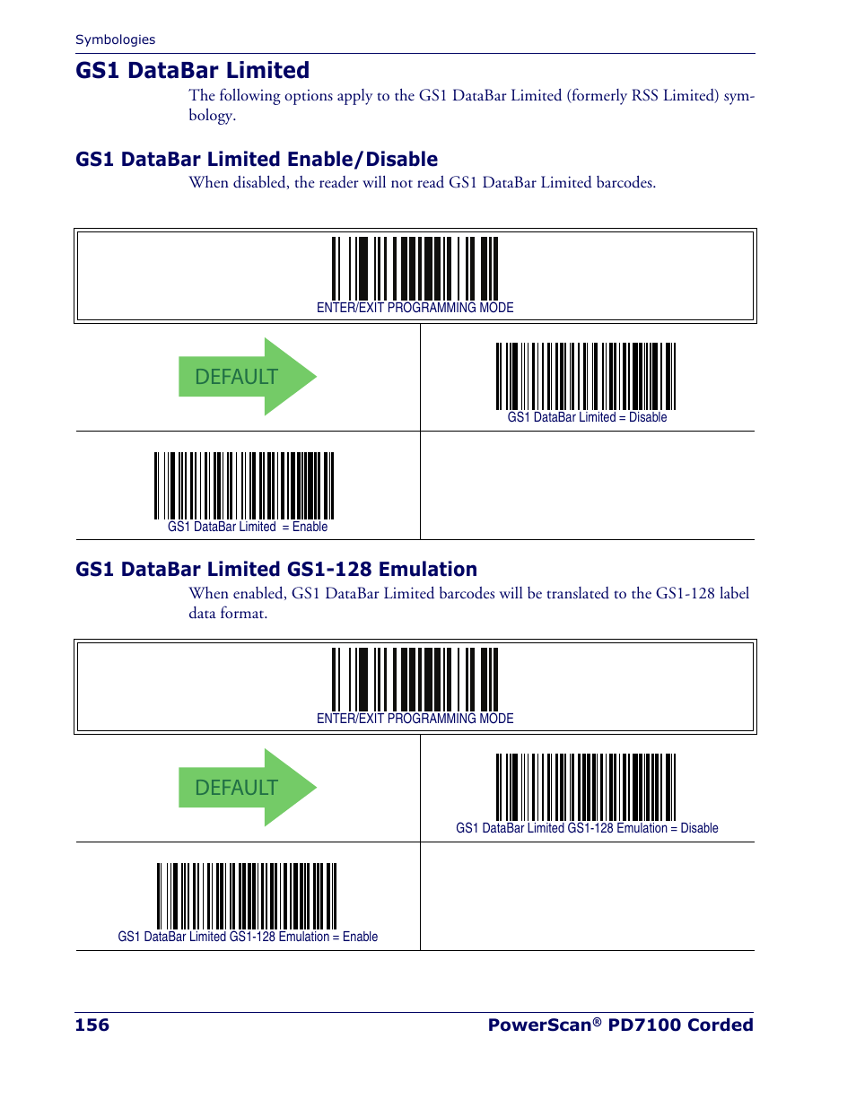 Gs1 databar limited, Gs1 databar limited enable/disable, Gs1 databar limited gs1-128 emulation | Default | Rice Lake Datalogic PowerScan PD7100 Series Laser Scanner User Manual | Page 164 / 324