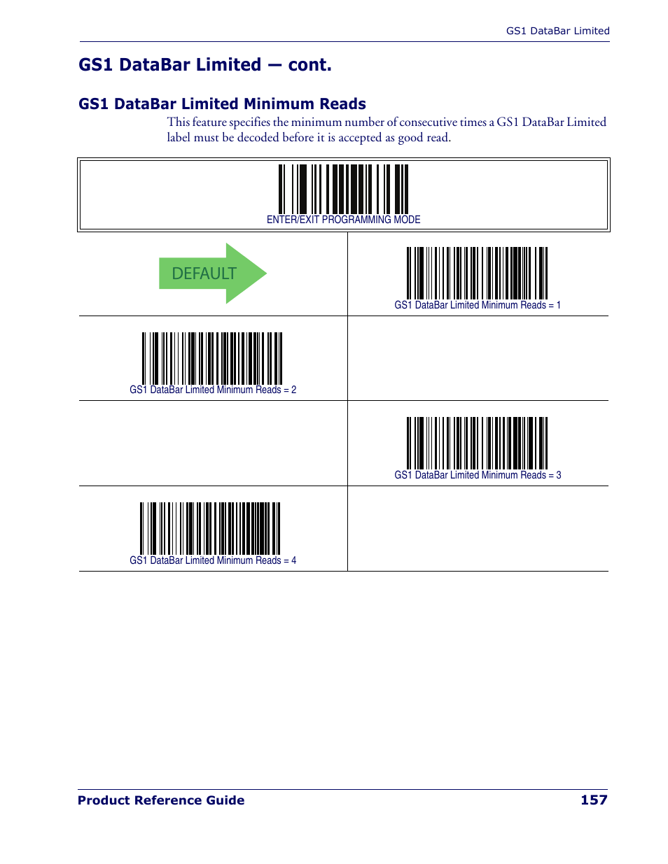 Gs1 databar limited minimum reads, Default, Gs1 databar limited — cont | Rice Lake Datalogic PowerScan PD7100 Series Laser Scanner User Manual | Page 165 / 324