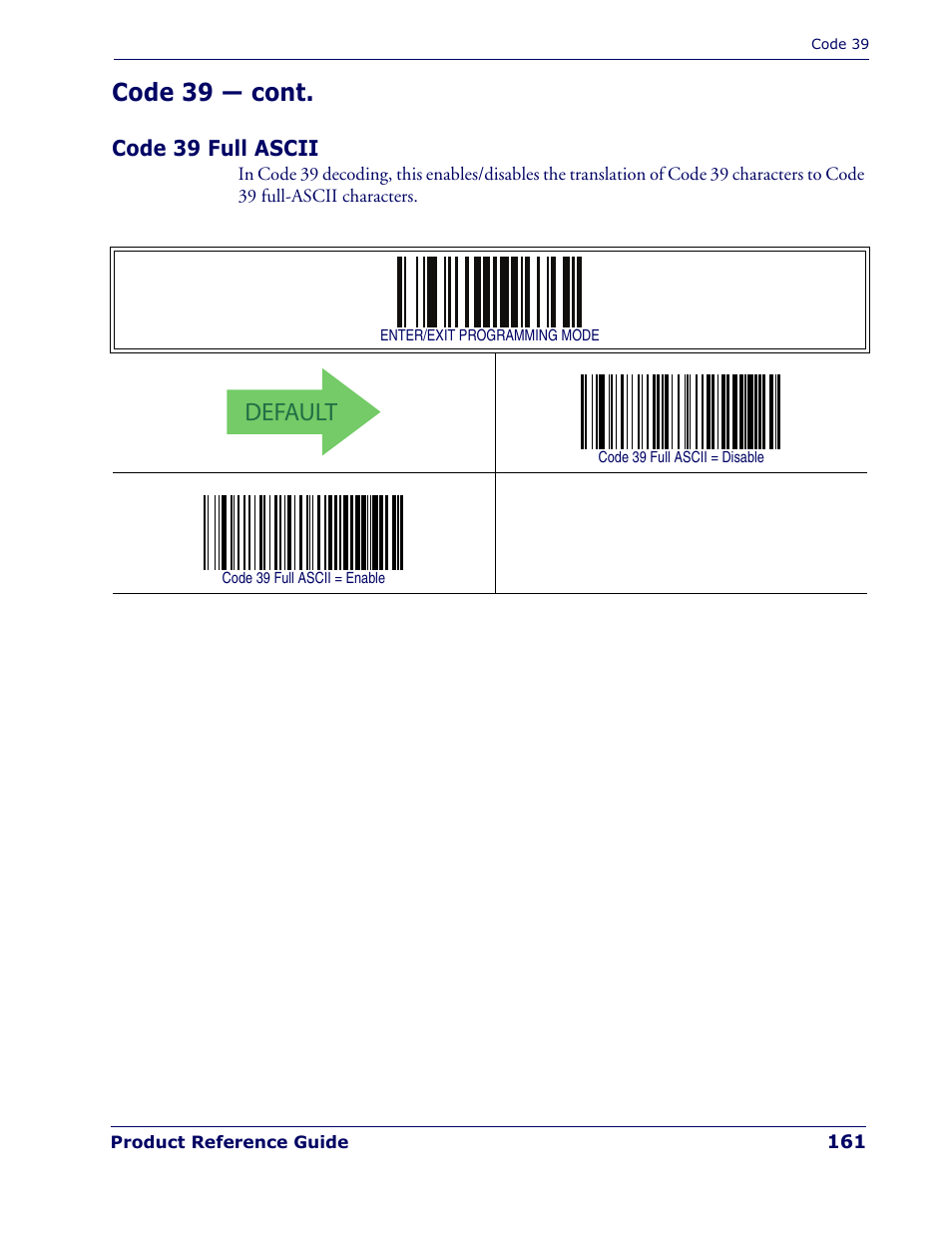 Code 39 full ascii, Default, Code 39 — cont | Rice Lake Datalogic PowerScan PD7100 Series Laser Scanner User Manual | Page 169 / 324