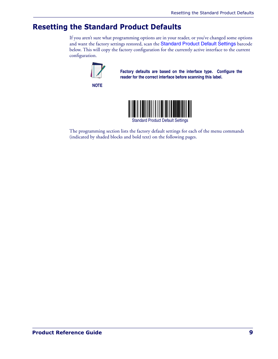 Resetting the standard product defaults, Standard product default settings on | Rice Lake Datalogic PowerScan PD7100 Series Laser Scanner User Manual | Page 17 / 324