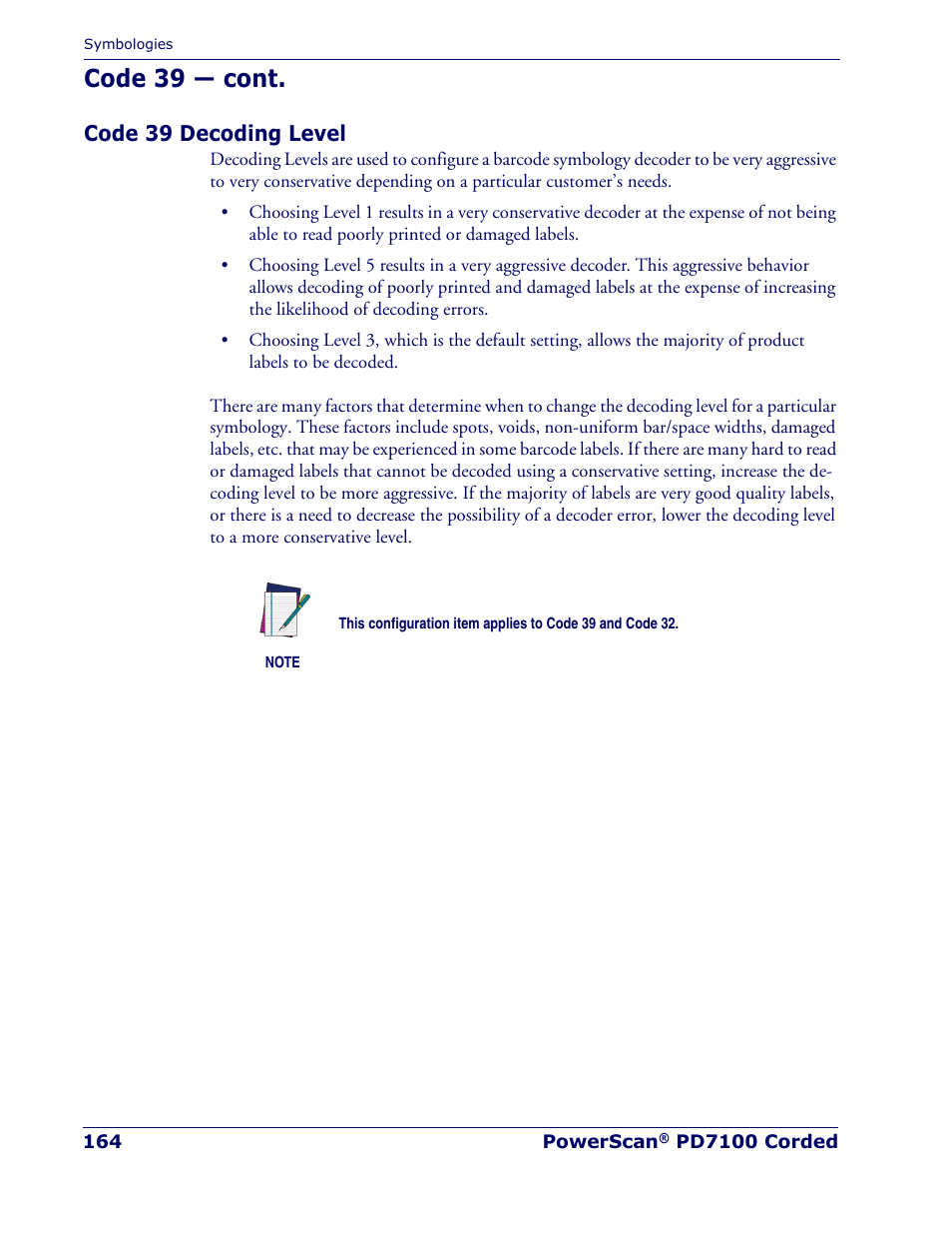 Code 39 decoding level, Code 39 — cont | Rice Lake Datalogic PowerScan PD7100 Series Laser Scanner User Manual | Page 172 / 324