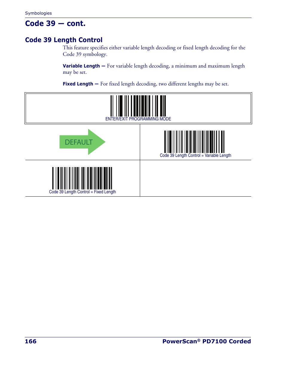 Code 39 length control, Default, Code 39 — cont | Rice Lake Datalogic PowerScan PD7100 Series Laser Scanner User Manual | Page 174 / 324