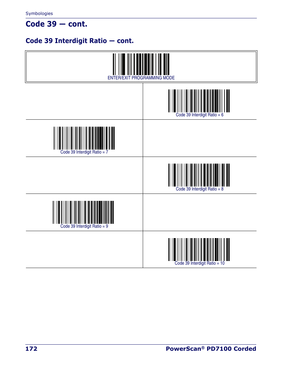 Code 39 — cont, Code 39 interdigit ratio — cont | Rice Lake Datalogic PowerScan PD7100 Series Laser Scanner User Manual | Page 180 / 324