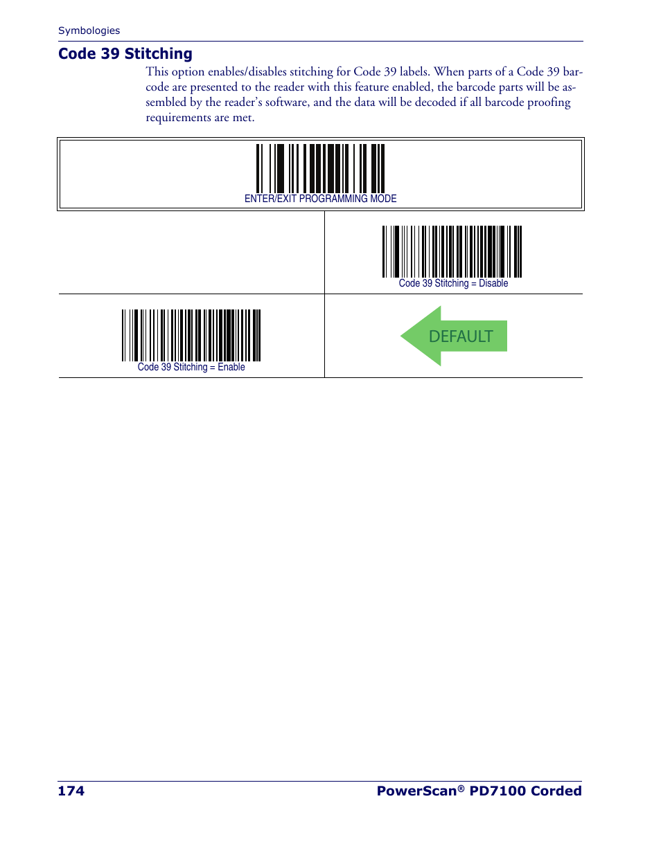 Code 39 stitching, Default | Rice Lake Datalogic PowerScan PD7100 Series Laser Scanner User Manual | Page 182 / 324