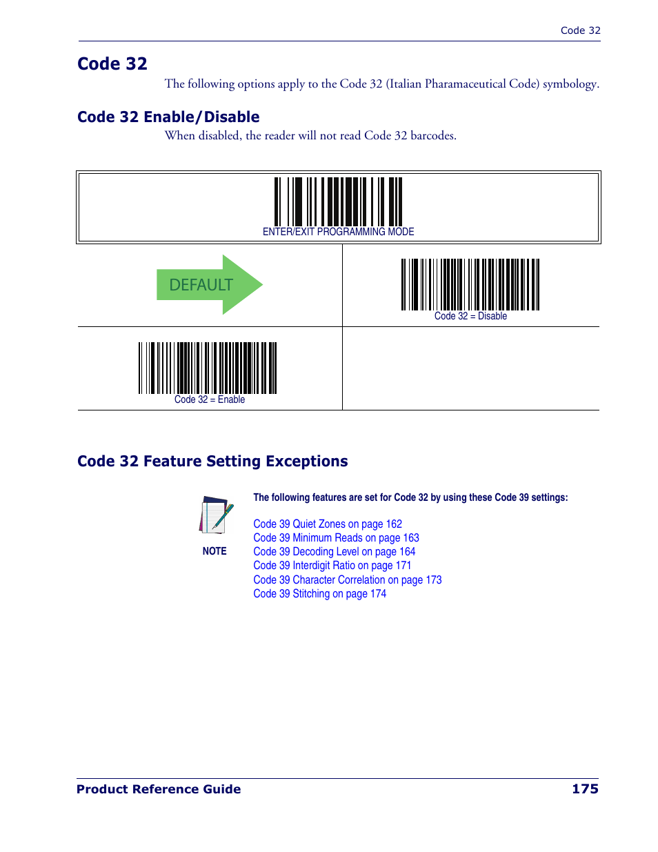 Code 32, Code 32 enable/disable, Code 32 feature setting exceptions | Default | Rice Lake Datalogic PowerScan PD7100 Series Laser Scanner User Manual | Page 183 / 324