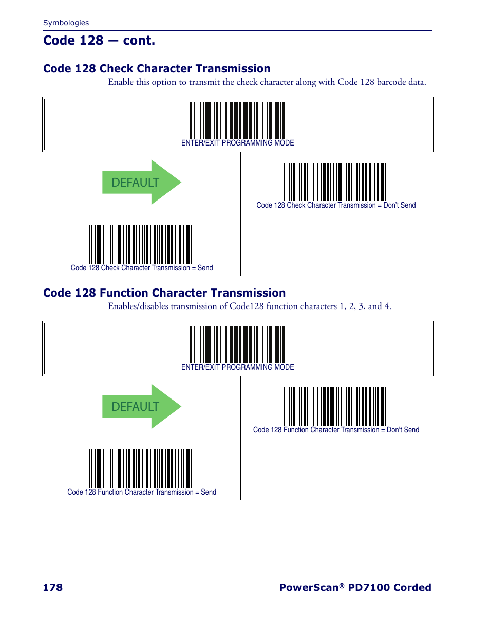 Code 128 check character transmission, Code 128 function character transmission, Default | Code 128 — cont | Rice Lake Datalogic PowerScan PD7100 Series Laser Scanner User Manual | Page 186 / 324