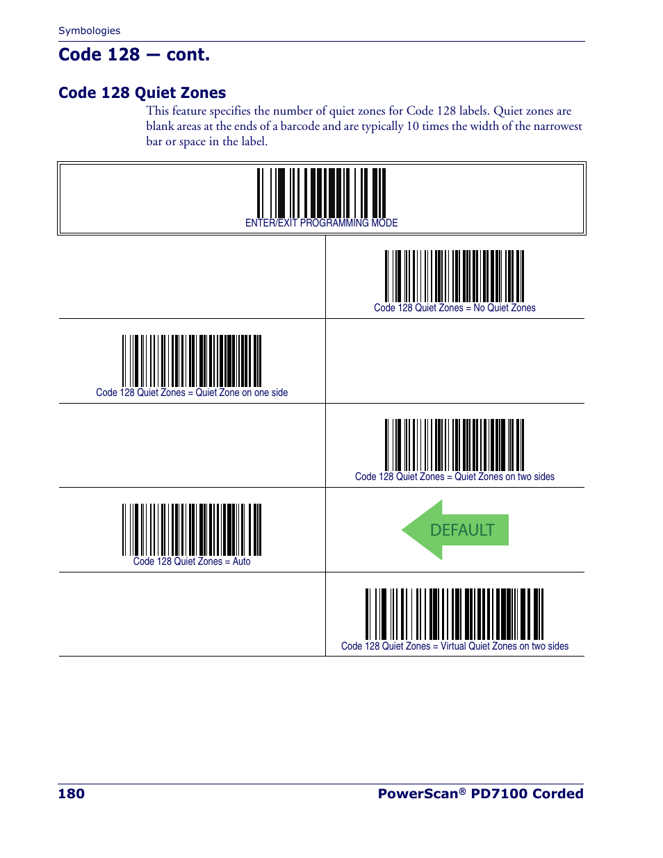Code 128 quiet zones, Default, Code 128 — cont | Rice Lake Datalogic PowerScan PD7100 Series Laser Scanner User Manual | Page 188 / 324
