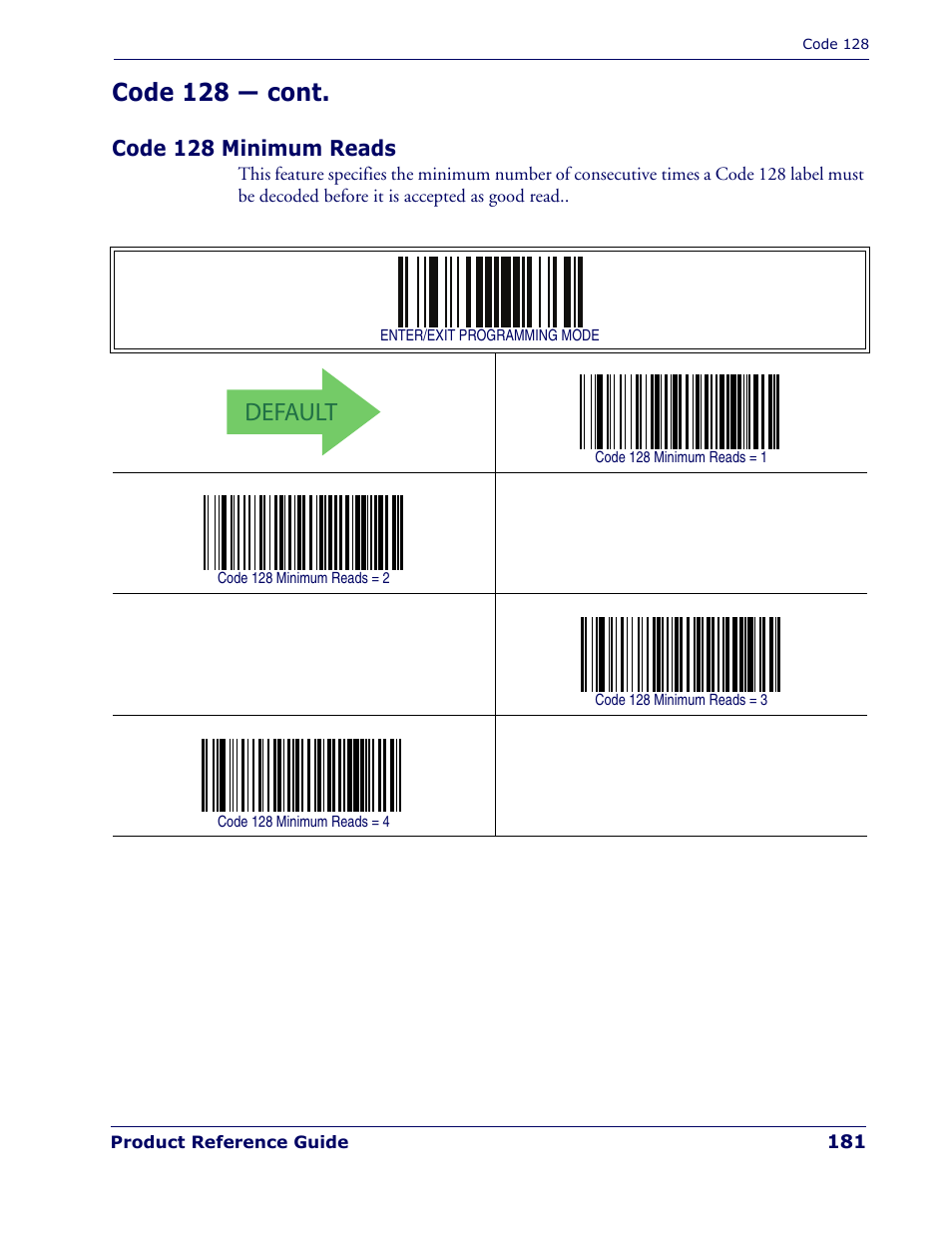 Code 128 minimum reads, Default, Code 128 — cont | Rice Lake Datalogic PowerScan PD7100 Series Laser Scanner User Manual | Page 189 / 324