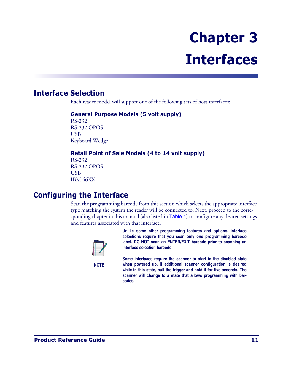 Interfaces, Interface selection, Configuring the interface | Chapter 3. interfaces, Interface selection configuring the interface, Chapter 3, interfaces, Section, y, Section, Chapter 3 interfaces | Rice Lake Datalogic PowerScan PD7100 Series Laser Scanner User Manual | Page 19 / 324