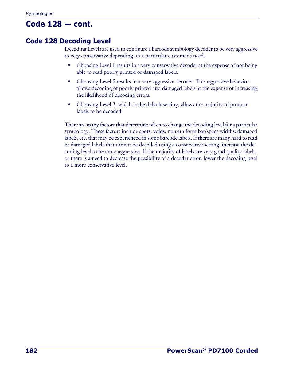 Code 128 decoding level, Code 128 — cont | Rice Lake Datalogic PowerScan PD7100 Series Laser Scanner User Manual | Page 190 / 324