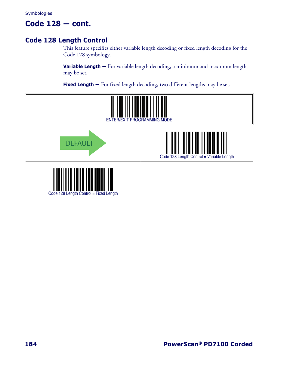 Code 128 length control, Default, Code 128 — cont | Rice Lake Datalogic PowerScan PD7100 Series Laser Scanner User Manual | Page 192 / 324