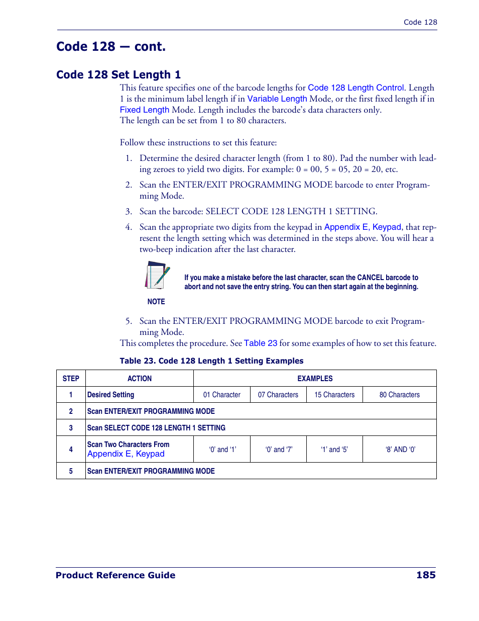 Code 128 set length 1, Code 128 — cont | Rice Lake Datalogic PowerScan PD7100 Series Laser Scanner User Manual | Page 193 / 324