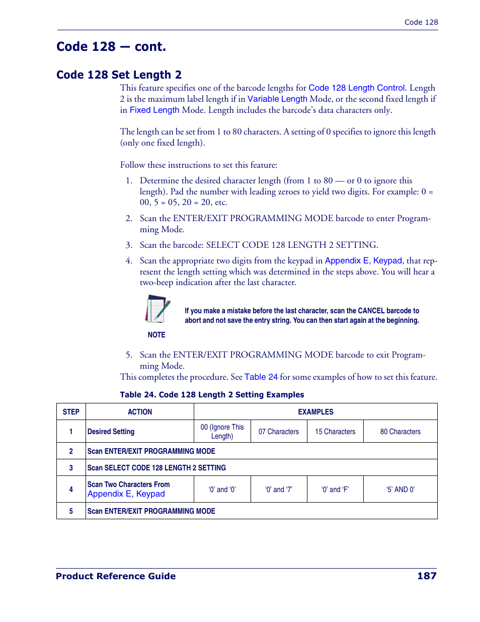 Code 128 set length 2, Code 128 — cont | Rice Lake Datalogic PowerScan PD7100 Series Laser Scanner User Manual | Page 195 / 324