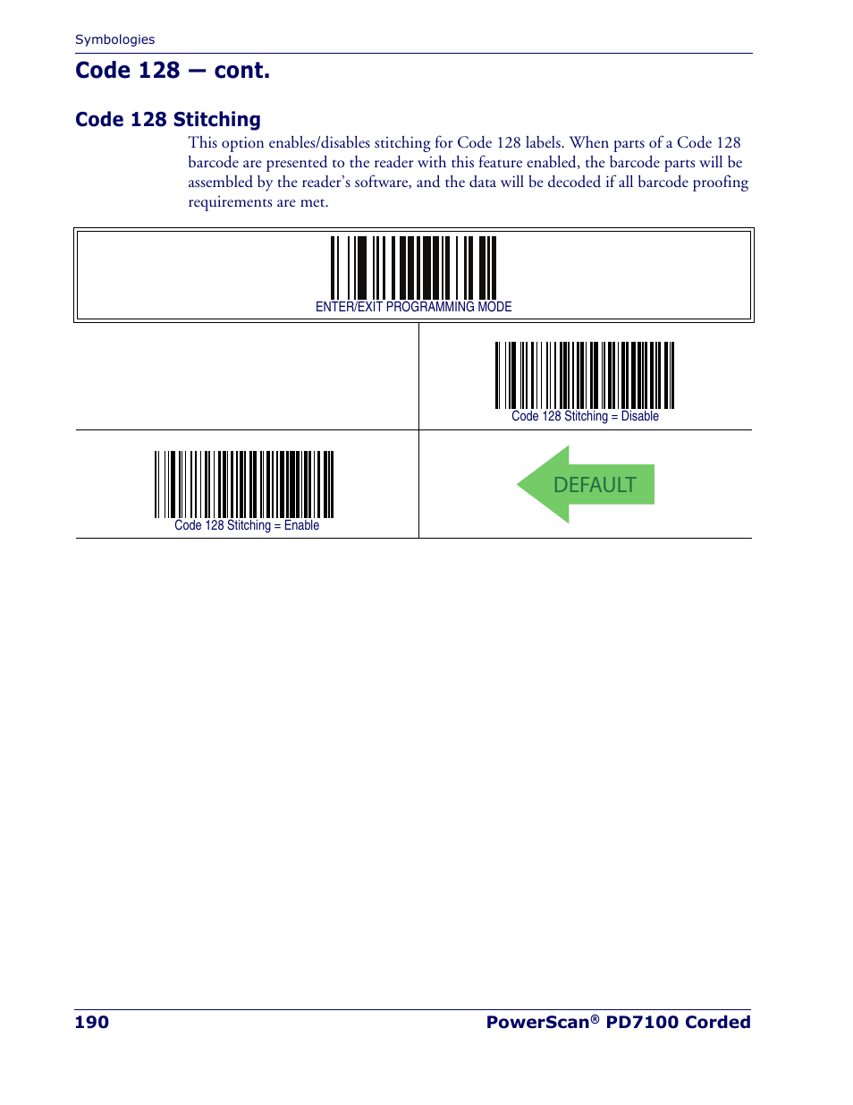 Code 128 stitching, Default, Code 128 — cont | Rice Lake Datalogic PowerScan PD7100 Series Laser Scanner User Manual | Page 198 / 324