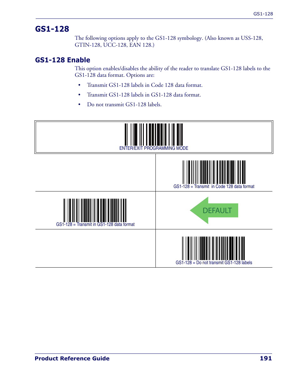 Gs1-128, Gs1-128 enable, Default | Rice Lake Datalogic PowerScan PD7100 Series Laser Scanner User Manual | Page 199 / 324