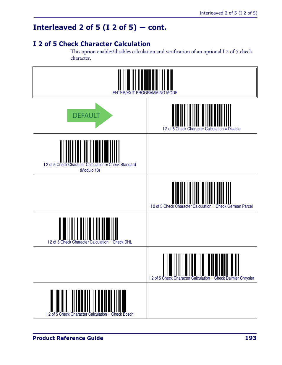 I 2 of 5 check character calculation, Default, Interleaved 2 of 5 (i 2 of 5) — cont | Rice Lake Datalogic PowerScan PD7100 Series Laser Scanner User Manual | Page 201 / 324