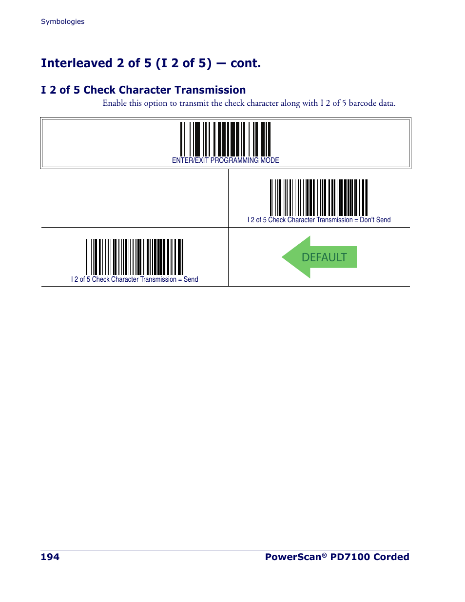 I 2 of 5 check character transmission, Default, Interleaved 2 of 5 (i 2 of 5) — cont | Rice Lake Datalogic PowerScan PD7100 Series Laser Scanner User Manual | Page 202 / 324