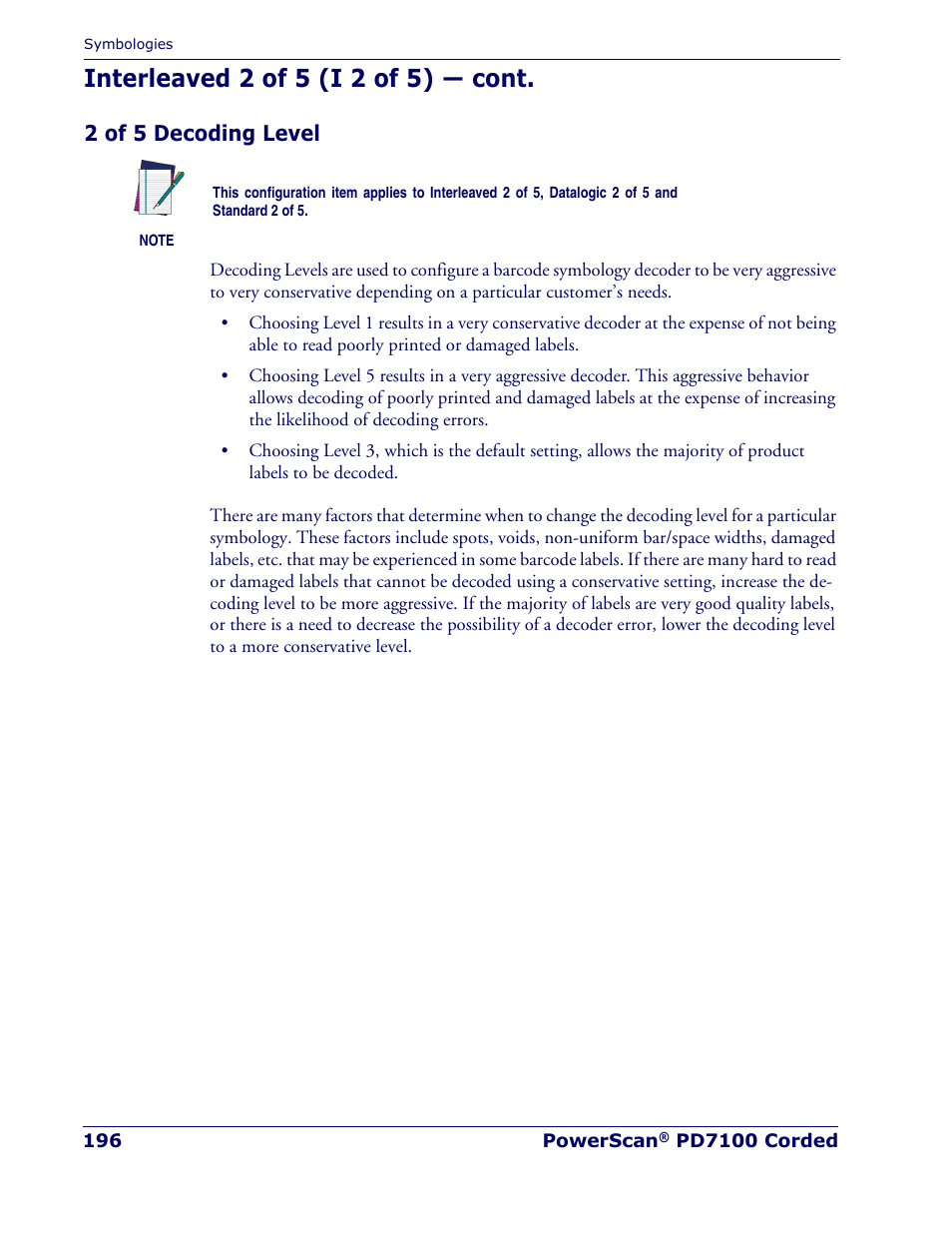 2 of 5 decoding level, Interleaved 2 of 5 (i 2 of 5) — cont | Rice Lake Datalogic PowerScan PD7100 Series Laser Scanner User Manual | Page 204 / 324