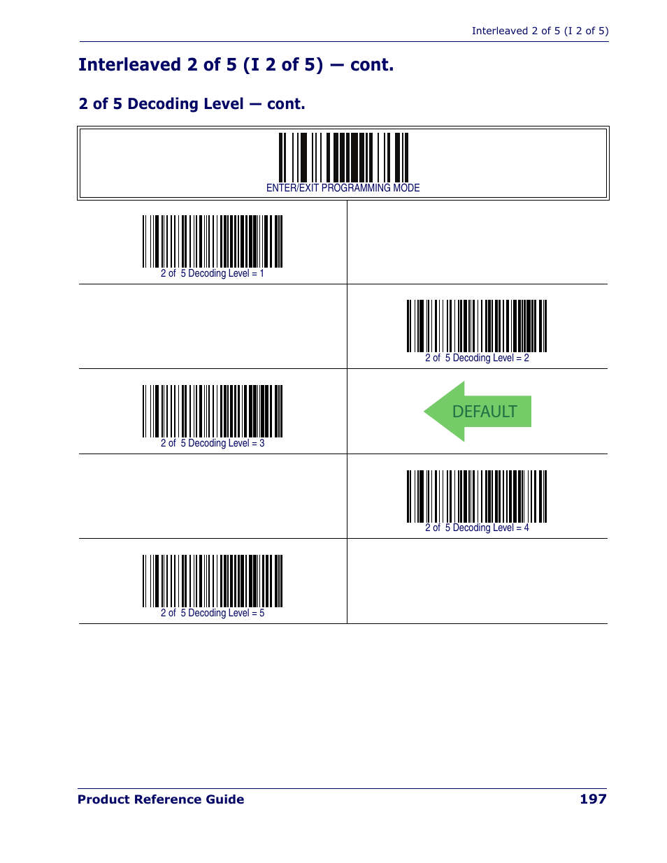 Default, Interleaved 2 of 5 (i 2 of 5) — cont, 2 of 5 decoding level — cont | Rice Lake Datalogic PowerScan PD7100 Series Laser Scanner User Manual | Page 205 / 324