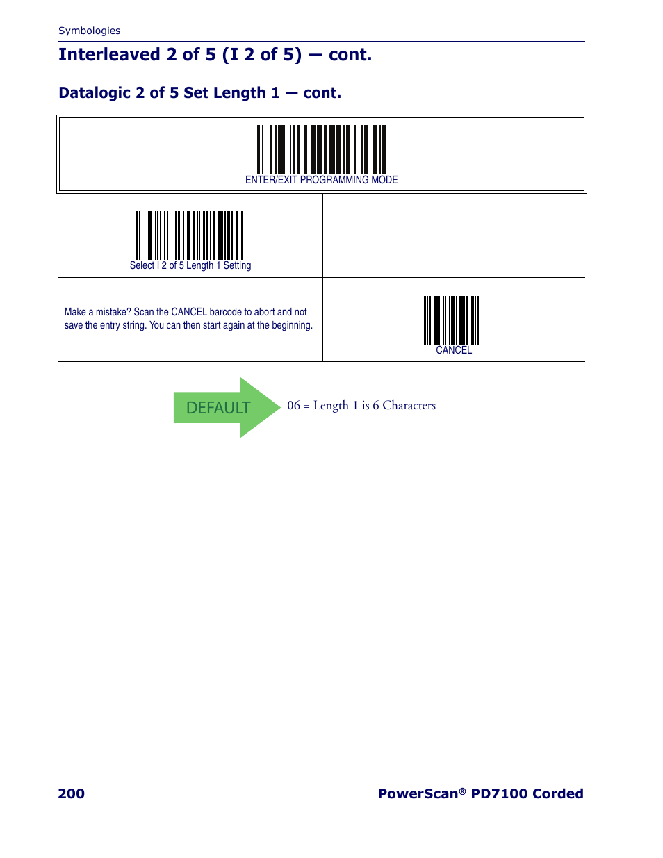 Default, Interleaved 2 of 5 (i 2 of 5) — cont, Datalogic 2 of 5 set length 1 — cont | Rice Lake Datalogic PowerScan PD7100 Series Laser Scanner User Manual | Page 208 / 324