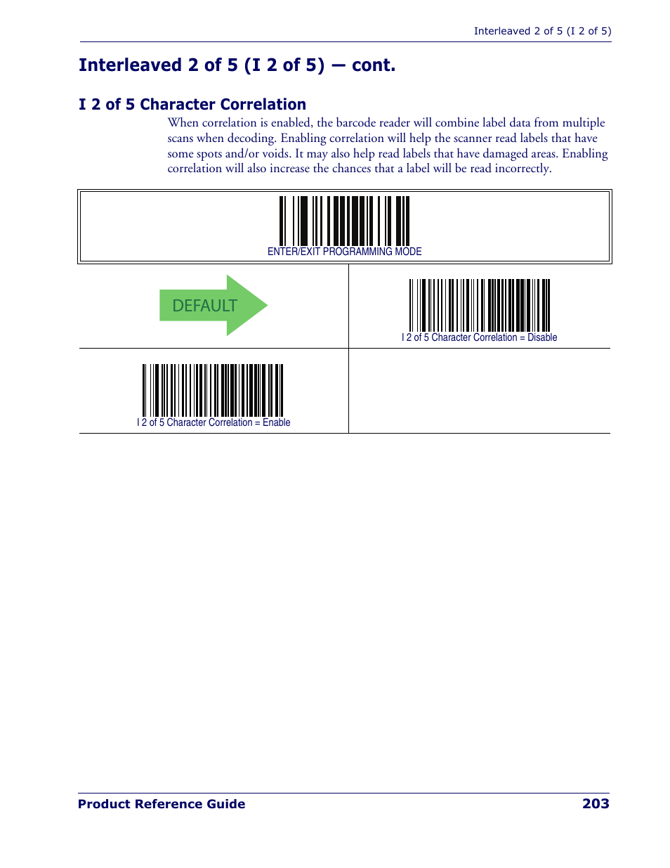 I 2 of 5 character correlation, Default, Interleaved 2 of 5 (i 2 of 5) — cont | Rice Lake Datalogic PowerScan PD7100 Series Laser Scanner User Manual | Page 211 / 324