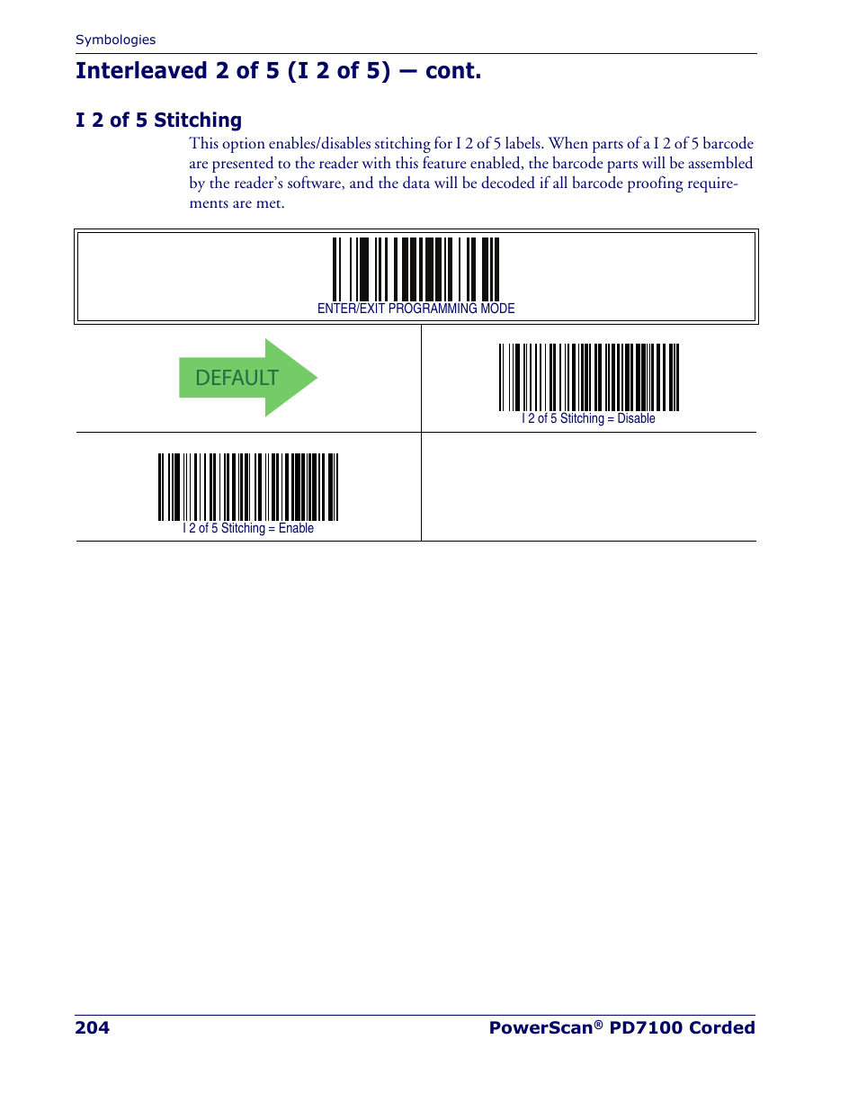 I 2 of 5 stitching, Default, Interleaved 2 of 5 (i 2 of 5) — cont | Rice Lake Datalogic PowerScan PD7100 Series Laser Scanner User Manual | Page 212 / 324