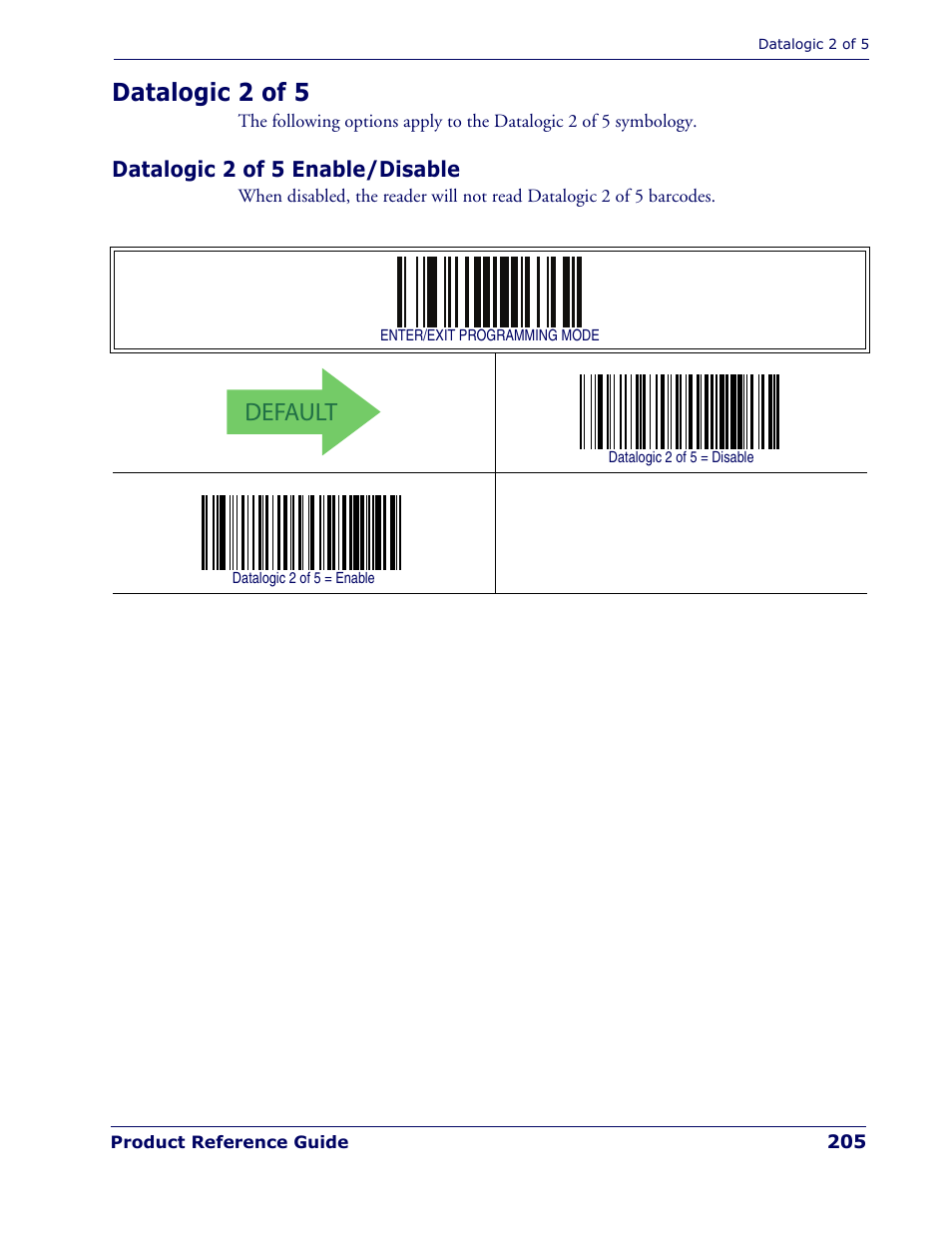 Datalogic 2 of 5, Datalogic 2 of 5 enable/disable, Default | Rice Lake Datalogic PowerScan PD7100 Series Laser Scanner User Manual | Page 213 / 324