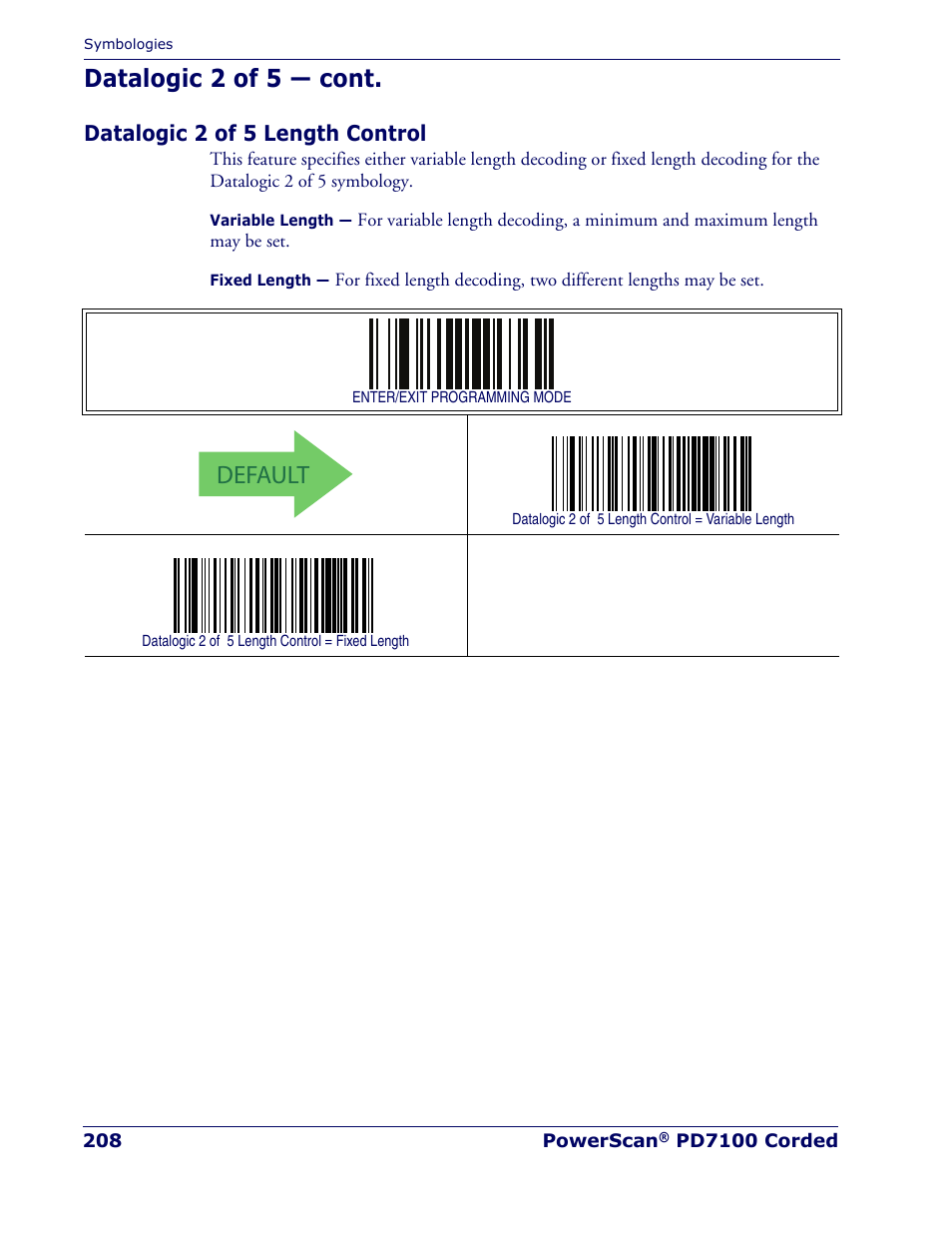 Datalogic 2 of 5 length control, Th if in, Variable length | Fixed length, Default, Datalogic 2 of 5 — cont | Rice Lake Datalogic PowerScan PD7100 Series Laser Scanner User Manual | Page 216 / 324