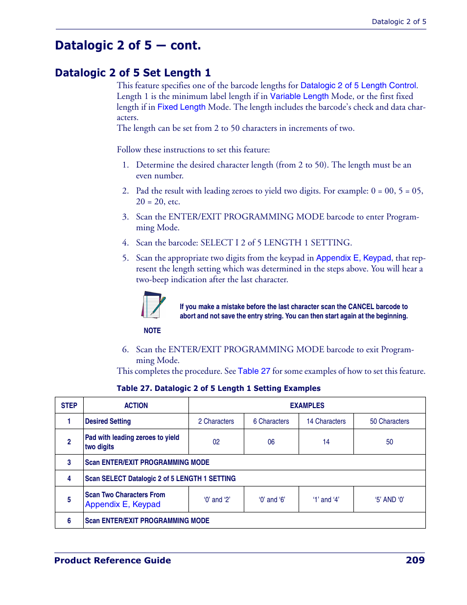 Datalogic 2 of 5 set length 1, This completes the procedure. see, Table 27 | For some examples of, Datalogic 2 of 5 — cont | Rice Lake Datalogic PowerScan PD7100 Series Laser Scanner User Manual | Page 217 / 324