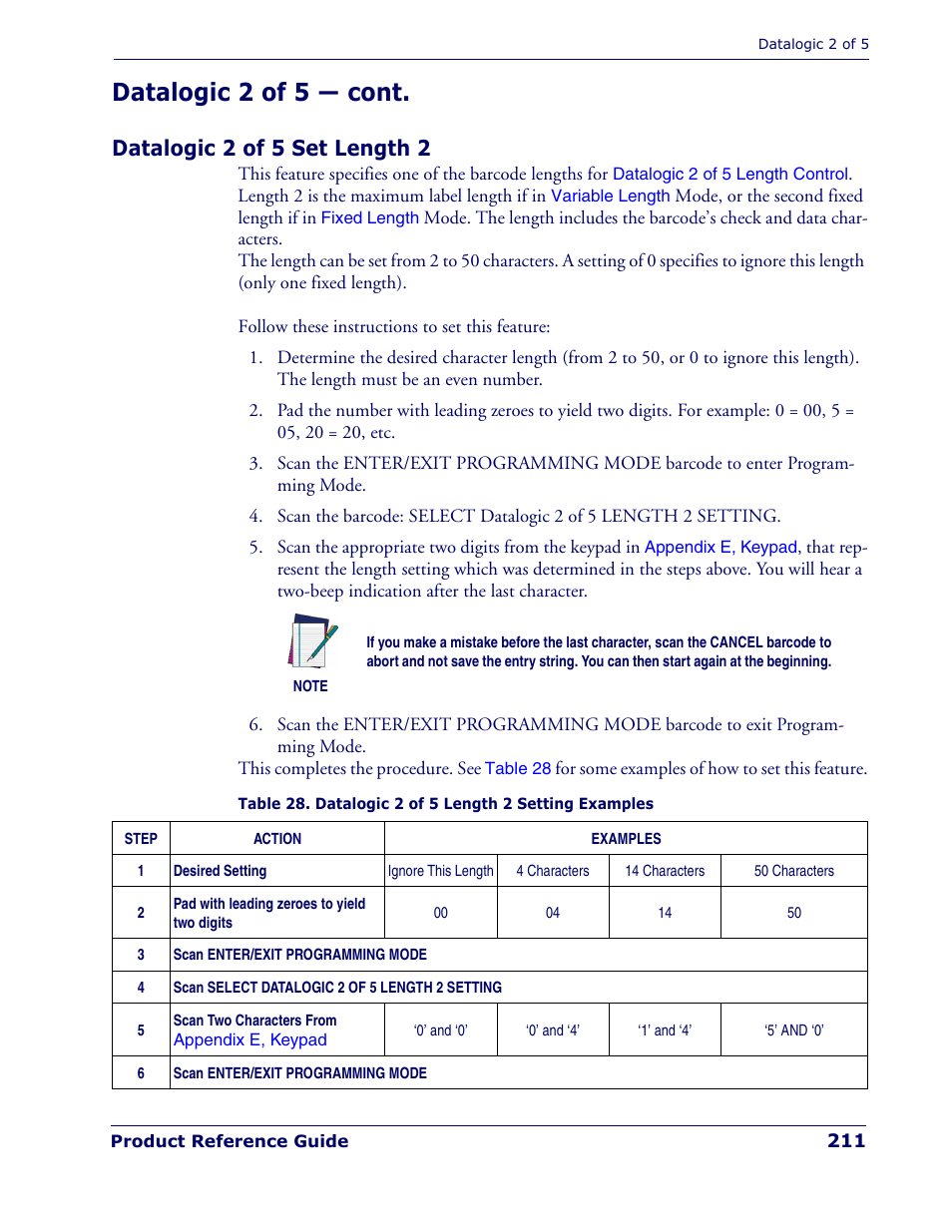 Datalogic 2 of 5 set length 2, This completes the procedure. see, Table 28 | For some examples of, Datalogic 2 of 5 — cont | Rice Lake Datalogic PowerScan PD7100 Series Laser Scanner User Manual | Page 219 / 324