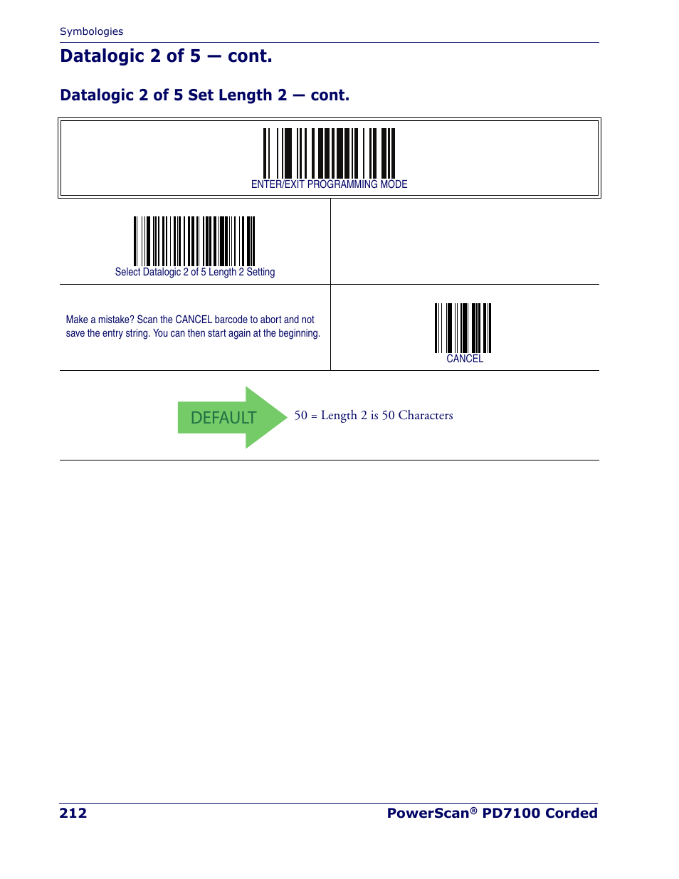 Default, Datalogic 2 of 5 — cont, Datalogic 2 of 5 set length 2 — cont | Rice Lake Datalogic PowerScan PD7100 Series Laser Scanner User Manual | Page 220 / 324