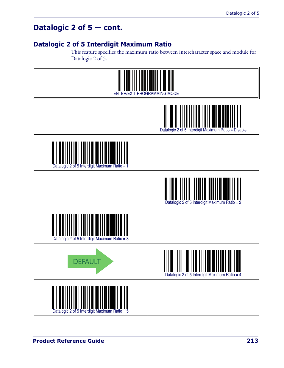 Datalogic 2 of 5 interdigit maximum ratio, Default, Datalogic 2 of 5 — cont | Rice Lake Datalogic PowerScan PD7100 Series Laser Scanner User Manual | Page 221 / 324