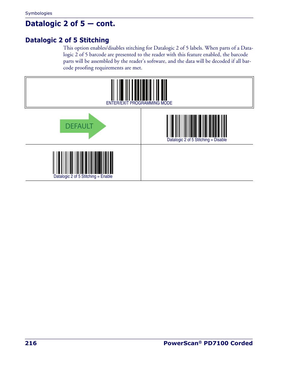 Datalogic 2 of 5 stitching, Default, Datalogic 2 of 5 — cont | Rice Lake Datalogic PowerScan PD7100 Series Laser Scanner User Manual | Page 224 / 324