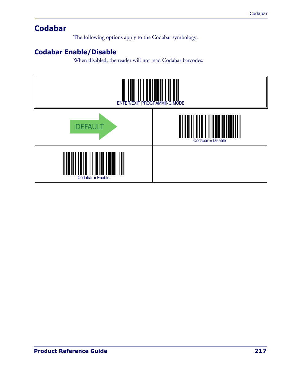 Codabar, Codabar enable/disable, Default | Rice Lake Datalogic PowerScan PD7100 Series Laser Scanner User Manual | Page 225 / 324