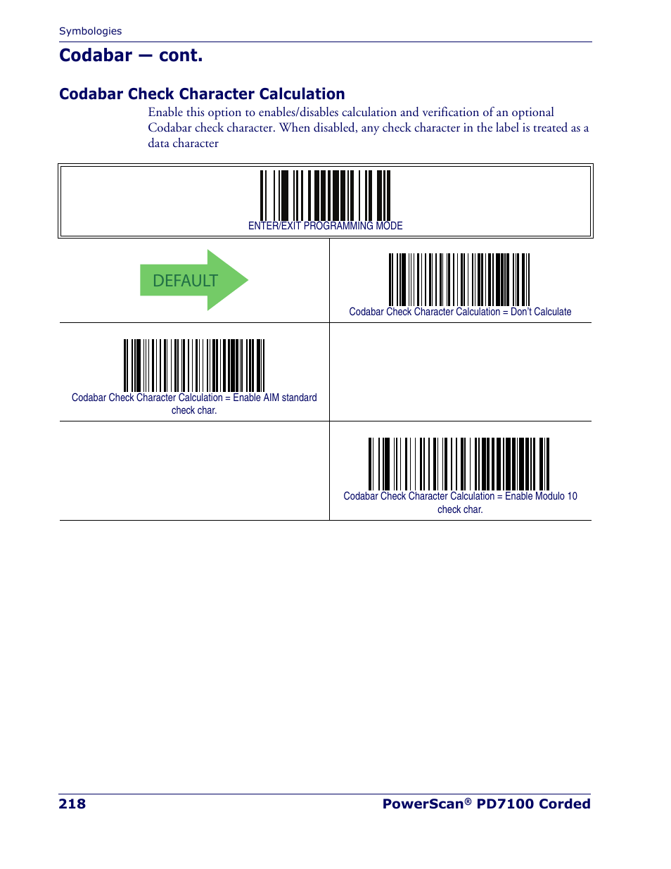 Codabar check character calculation, Default, Codabar — cont | Rice Lake Datalogic PowerScan PD7100 Series Laser Scanner User Manual | Page 226 / 324