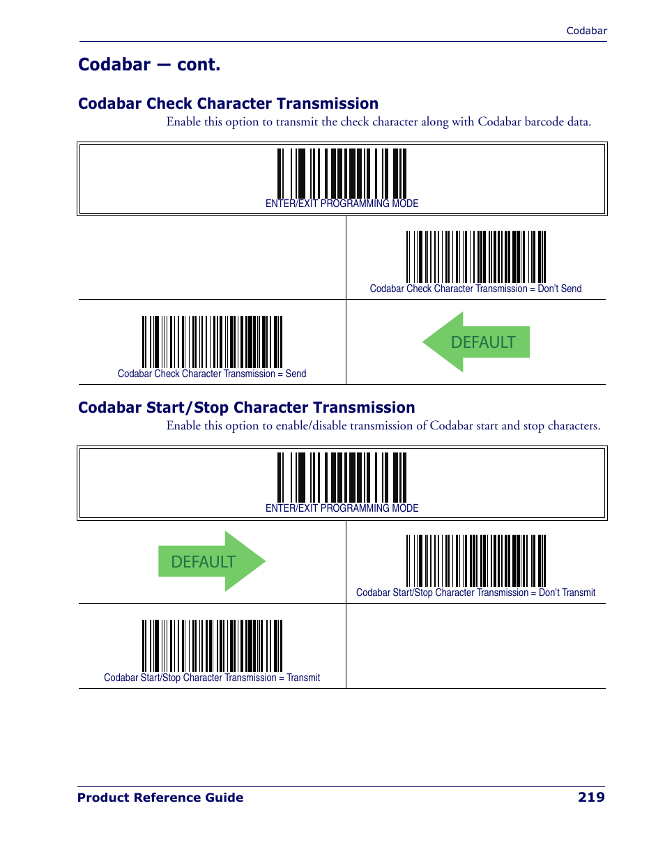 Codabar check character transmission, Codabar start/stop character transmission, Default | Codabar — cont | Rice Lake Datalogic PowerScan PD7100 Series Laser Scanner User Manual | Page 227 / 324