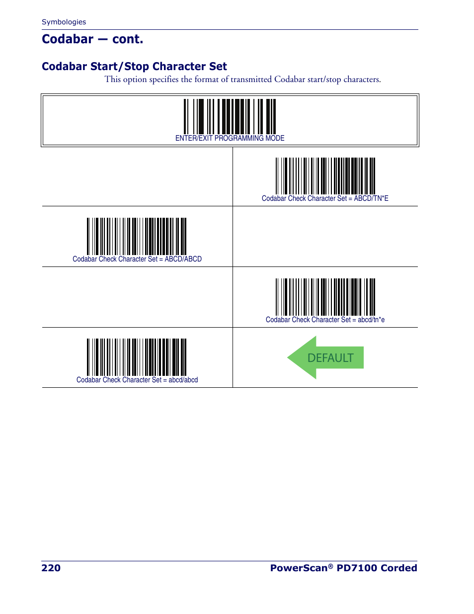 Codabar start/stop character set, Default, Codabar — cont | Rice Lake Datalogic PowerScan PD7100 Series Laser Scanner User Manual | Page 228 / 324