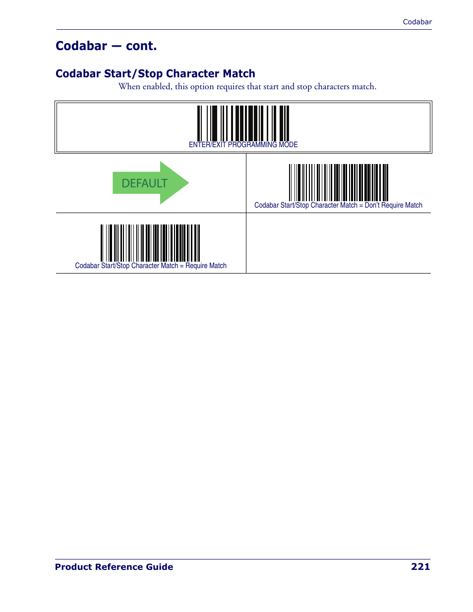 Codabar start/stop character match, Default, Codabar — cont | Rice Lake Datalogic PowerScan PD7100 Series Laser Scanner User Manual | Page 229 / 324